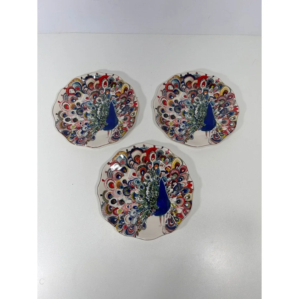 Anthropologie Starla M Halfmann Peacock White Scalloped Side Plates Set of 3